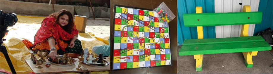 Fig. 2: (a) Performing uttar pooja ritual; (b) Sampurnam Foundation’s upcycled products